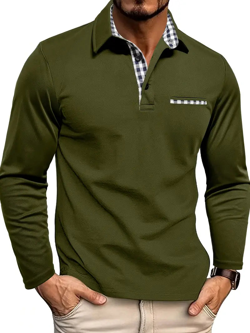 Douglas | Long-Sleeve Polo with Checked Collar Detail