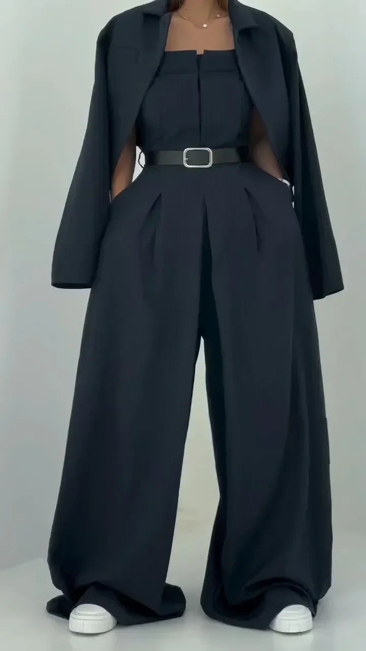 Helena | Elegant Black Suit Set with Flowing Jacket