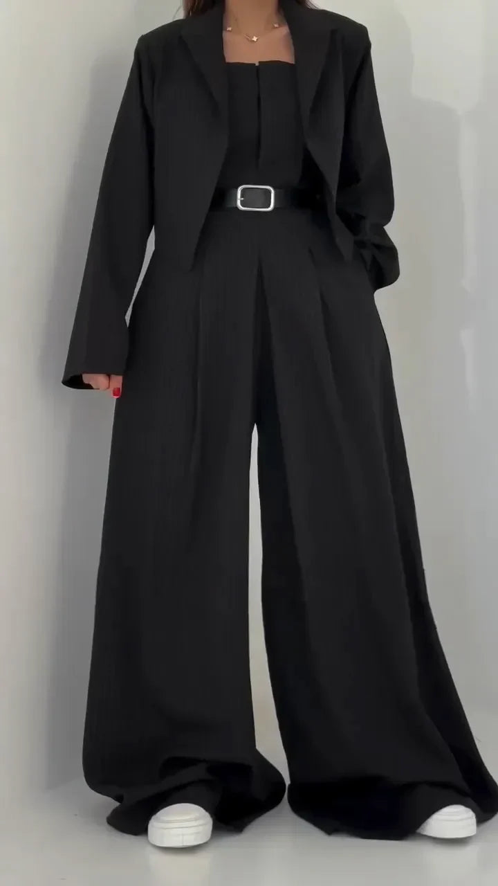 Helena | Elegant Black Suit Set with Flowing Jacket