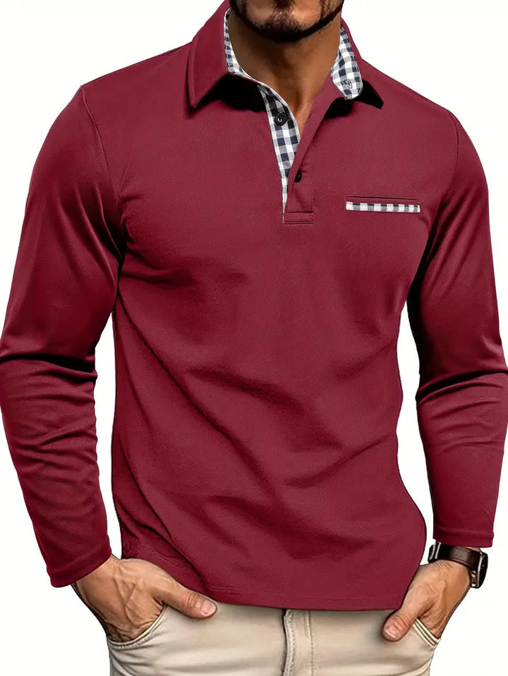 Douglas | Long-Sleeve Polo with Checked Collar Detail