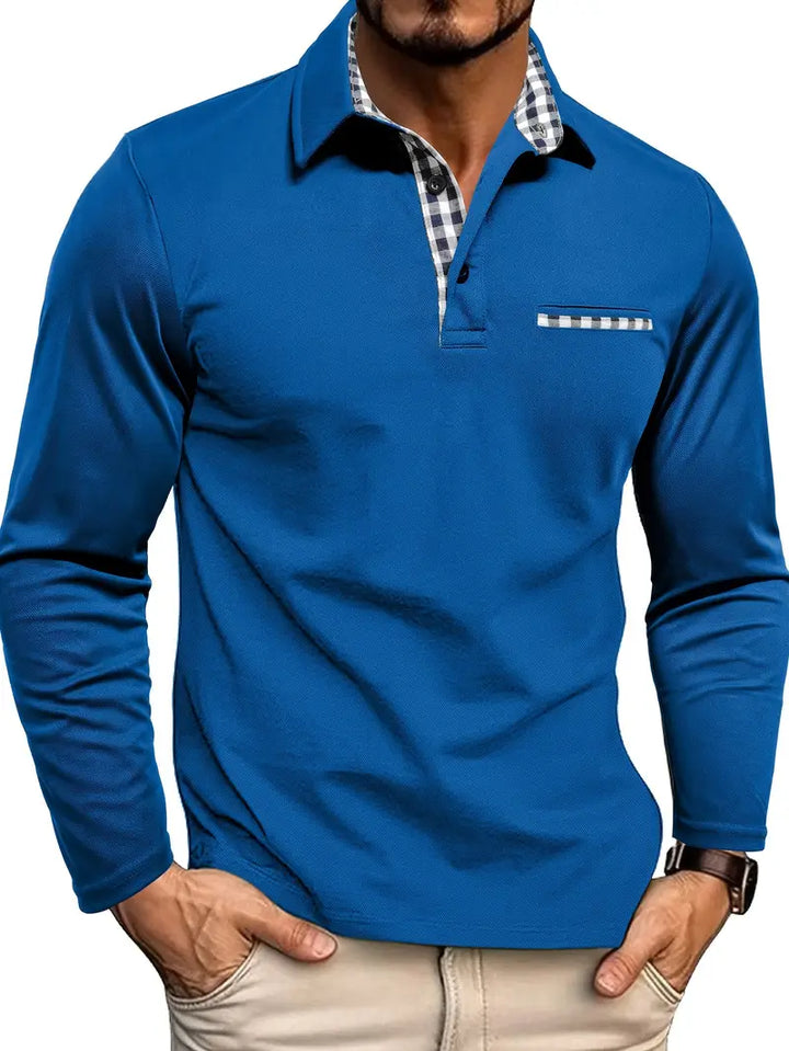 Douglas | Long-Sleeve Polo with Checked Collar Detail