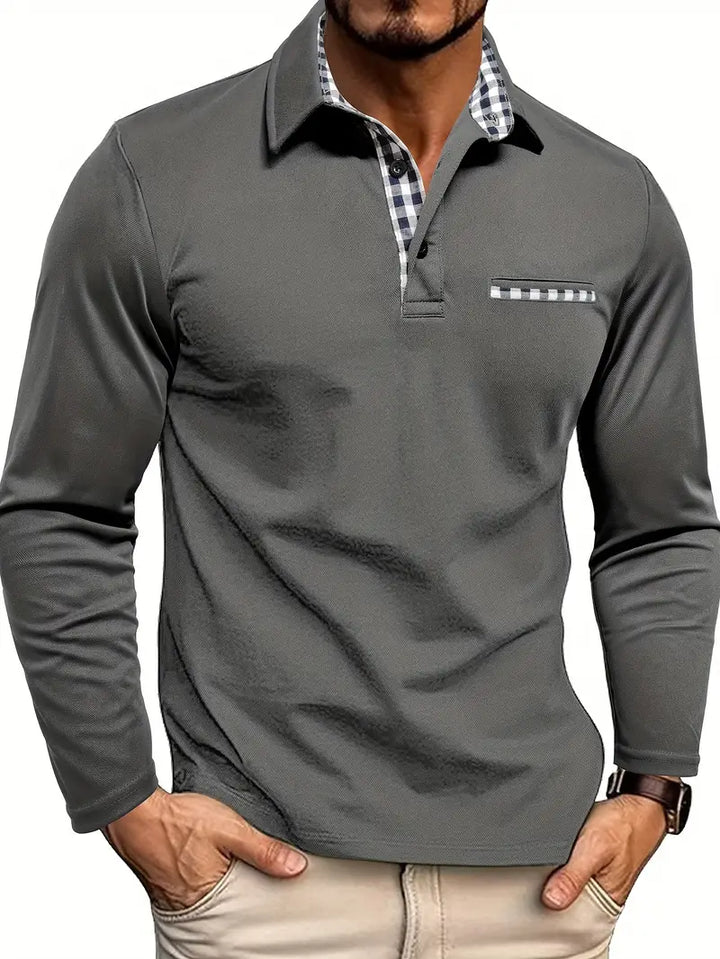 Douglas | Long-Sleeve Polo with Checked Collar Detail