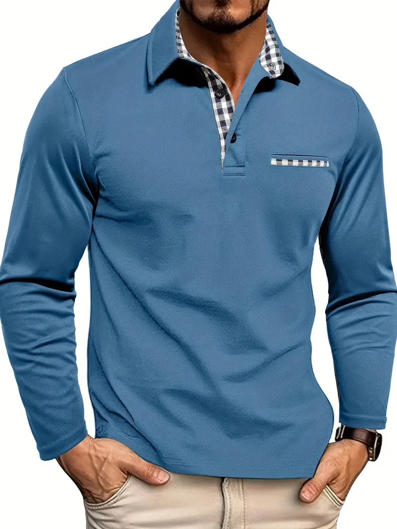 Douglas | Long-Sleeve Polo with Checked Collar Detail