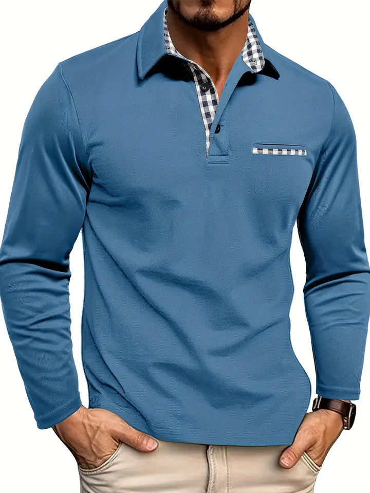Douglas | Long-Sleeve Polo with Checked Collar Detail